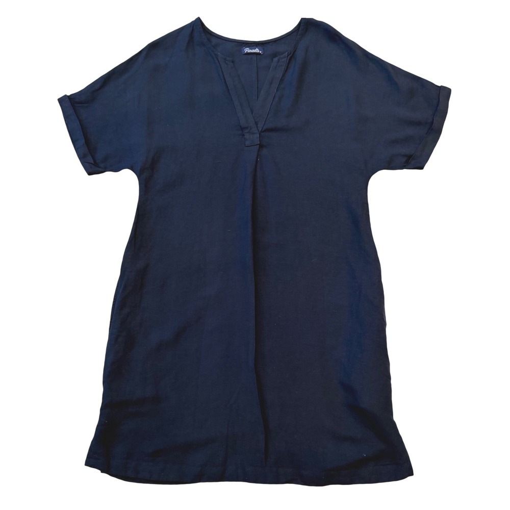 Paradis Navy Blue Linen Blend Split V-Neck Shift Dress Short Sleeve M Minimalist
